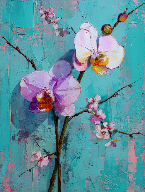 Tableau floral d'orchidées violettes en relief sur fond turquoise, style impressionniste