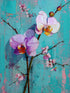 Tableau floral d'orchidées violettes en relief sur fond turquoise, style impressionniste