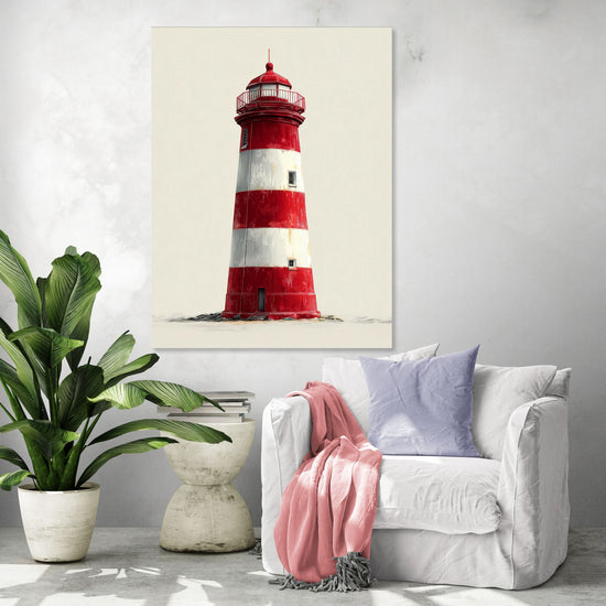 Tableau mural de phare rouge et blanc pour une ambiance côtière et paisible dans un salon moderne