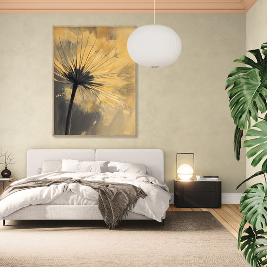 Tableau de pissenlit en tons jaunes et noirs, style moderne, ambiance de chambre apaisante