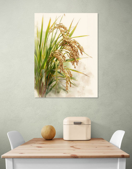Tableau de plantes vertes et épis de riz, style aquarelle, ambiance naturelle dans une salle à manger au ton neutre