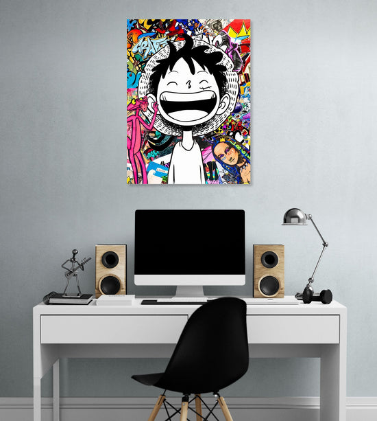 Tableau pop art coloré avec personnage souriant, ambiance moderne et dynamique dans un bureau