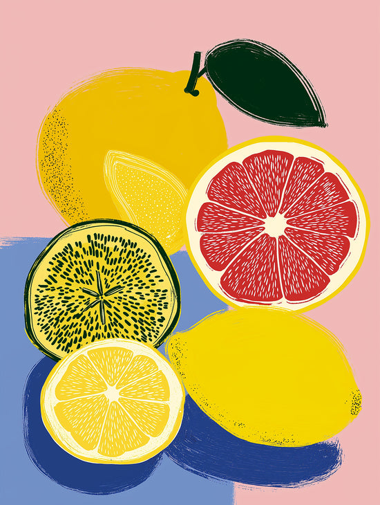 Tableau pop art de fruits citron et pamplemousse sur fond coloré pour une cuisine moderne