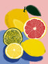 Tableau pop art de fruits citron et pamplemousse sur fond coloré pour une cuisine moderne