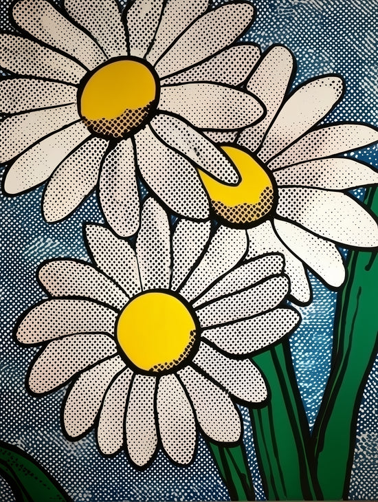 Tableau pop art représentant des marguerites en gros plan, effet pointillé et couleurs vives