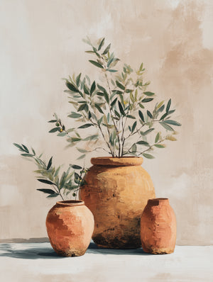 Tableau nature morte avec pots en terre cuite et branches d'olivier, style méditerranéen apaisant