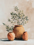 Tableau nature morte avec pots en terre cuite et branches d'olivier, style méditerranéen apaisant