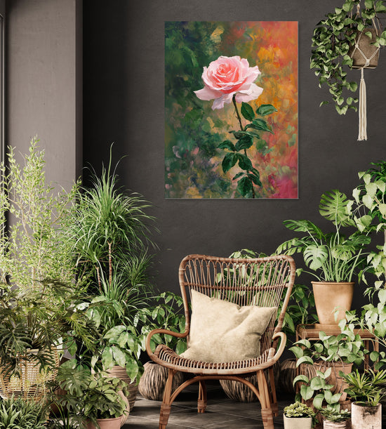 Tableau rose sur fond coloré avec feuillages, ambiance naturelle et zen dans un salon
