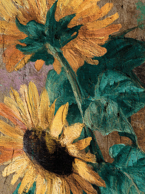 Tableau de tournesols aux couleurs vibrantes sur fond texturé, évocateur d'un style artistique rustique et chaleureux