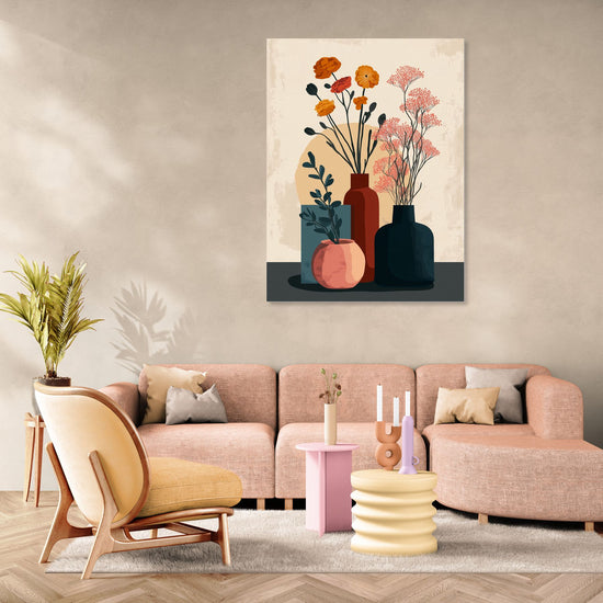 Tableau moderne de vases colorés avec fleurs, style minimaliste dans un salon chic et pastel