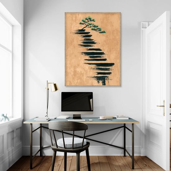 Tableau mural zen avec arbre minimaliste et lignes noires sur fond beige dans un bureau moderne et lumineux