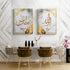Deux tableaux islamiques accrochés au mur d’une salle à manger moderne, l’un avec le mot Subhanallah et l’autre avec Allah, tous deux sur fond marbré et doré. La décoration intérieure combine des chaises en velours doré, une table blanche, et un mur design, créant une ambiance chic et raffinée.