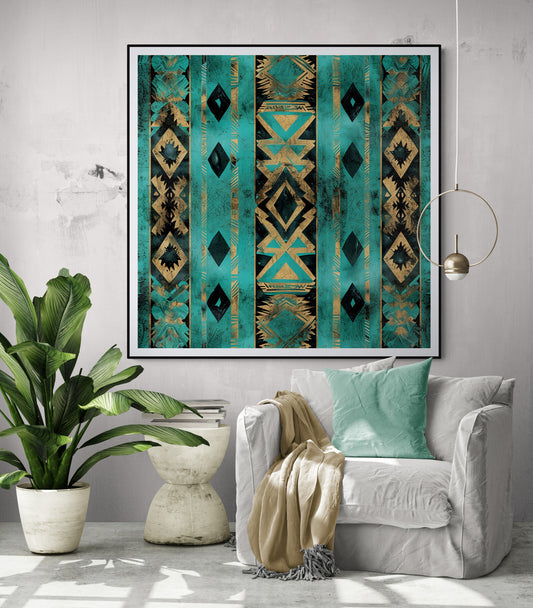 Un grand cadre avec un motif africain turquoise et doré, accroché au mur d'un salon minimaliste avec un fauteuil blanc et une plante verte.