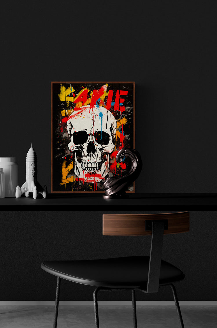 Affiche artistique de crâne coloré sur fond sombre derrière un bureau minimaliste.