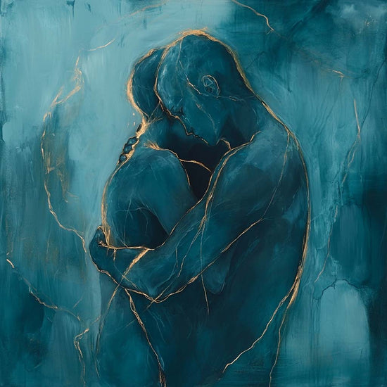 Un tableau contemporain représentant un couple en bleu éthéré, leurs silhouettes entrelacées avec des lignes dorées délicates. La toile est minimaliste, mise en avant sur un fond neutre.