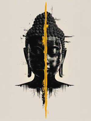Toile artistique représentant le visage de Bouddha en noir, coupé en deux par une ligne jaune vibrante sur fond beige. Le contraste graphique renforce la sérénité et l’équilibre du sujet.