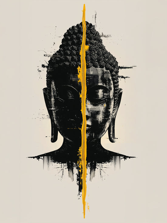 Toile artistique représentant le visage de Bouddha en noir, coupé en deux par une ligne jaune vibrante sur fond beige. Le contraste graphique renforce la sérénité et l’équilibre du sujet.