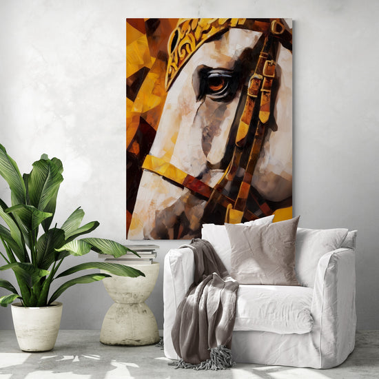Tableau de cheval impressionniste aux teintes orangées et dorées, ajoutant une touche élégante à un salon moderne