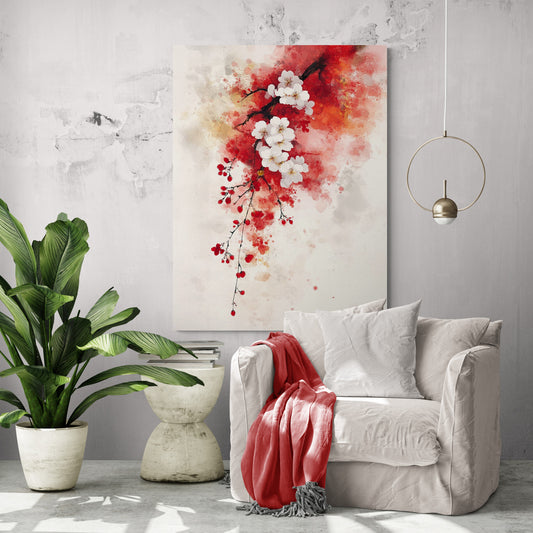 Le tableau aquarelle de cerisier en fleurs illumine un salon minimaliste, ajoutant une touche de poésie et de couleurs délicates.