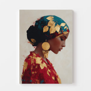 Portrait féminin en profil avec foulard turquoise et or, tons rouges vibrants, style bohème chic