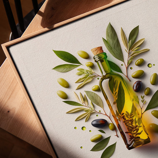 Bouteille d’huile d’olive et olives tableau pour cuisine minimaliste