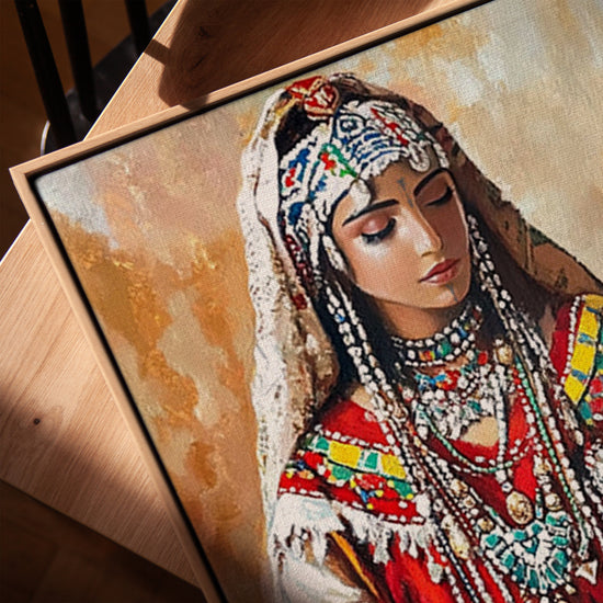 Femme berbère marocaine mariée tableau pour salon cadre chêne doré