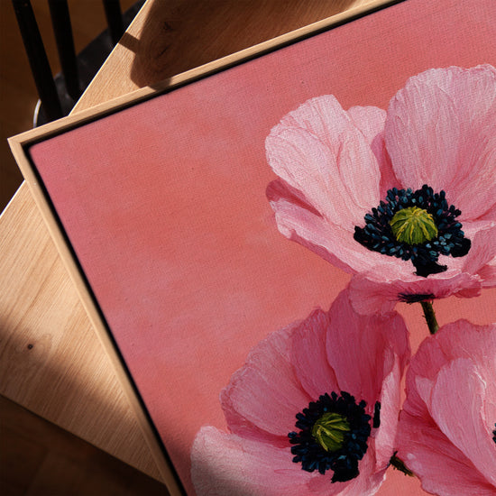 Tableau pavots roses impasto pour salon cadre chêne doré