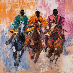 Tableau de chevaux noir et blanc sur fond doré, évoquant élégance et harmonie, style classique