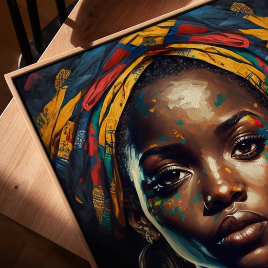 Tableau portrait femme pop art pour salon cadre chêne doré