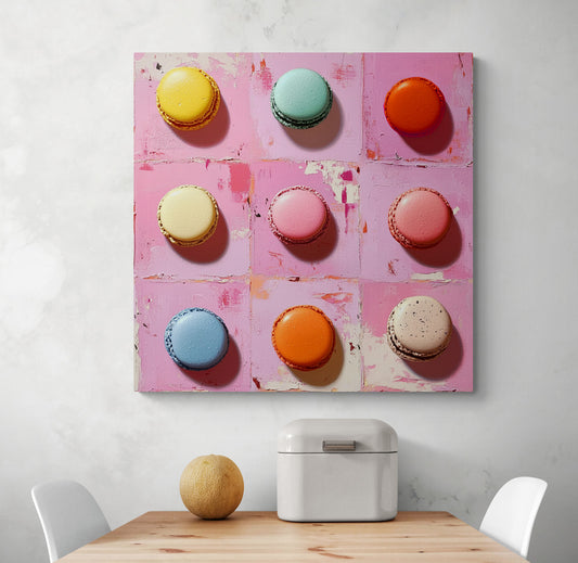 un mur blanc effet marbré. Un tableau grand format, affichant neuf macarons de couleurs vives sur un fond rose texturé, est accroché au-dessus d’une table en bois clair. Un distributeur blanc moderne et un melon posé sur la table ajoutent une touche d’authenticité.