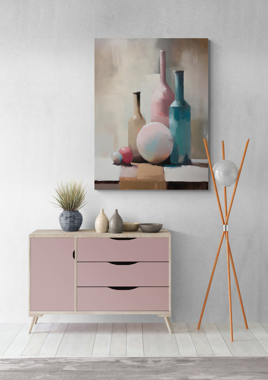 tableau minimaliste, entrée épurée, commode rose pastel, porte manteau design