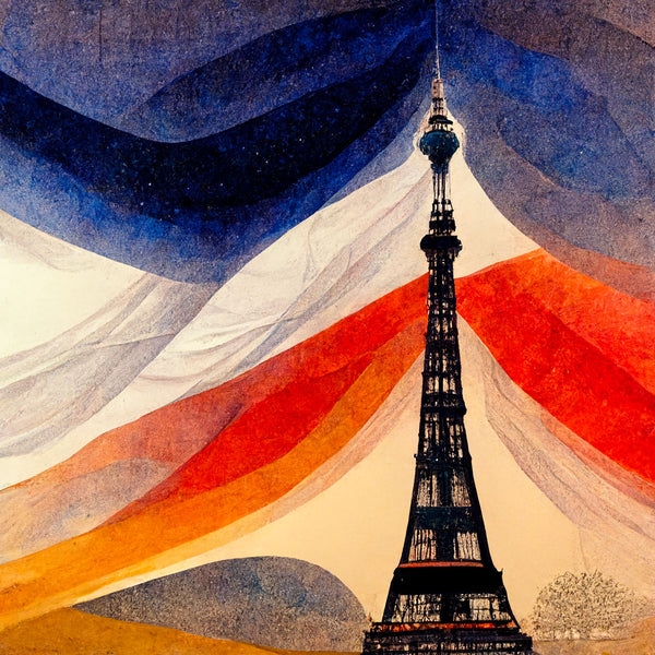 La peinture de la Tour Eiffel de Paris devant un ciel qu'elle semble pénétrer. Le ciel est en faite un immense drapeau tricolore aux couleur de la France. Le tout dans une ambiance poétique