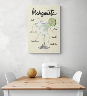 Dans une cuisine, sur un mur blanc avec des nuances de gris il y a une toile murale. Sur le tableau en fond jaune une illustration d’un verre de cocktail Margarita avec les ingrédients écrit avec une typographie manuscrite. Au-dessous du cadre, une table de repas en bois et deux chaises blanches. Une corbeille à pain en métal blanc et un melon sont sur le dessus de la table.