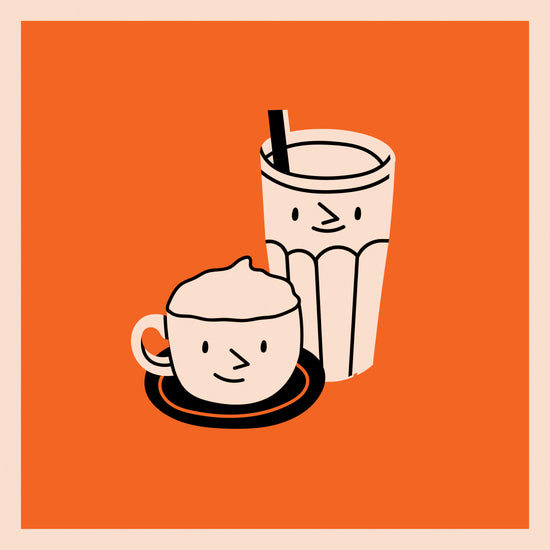  Un tableau cuisine moderne avec une  illustration sur fond orange de deux petites tasses mignonnes qui sourit 