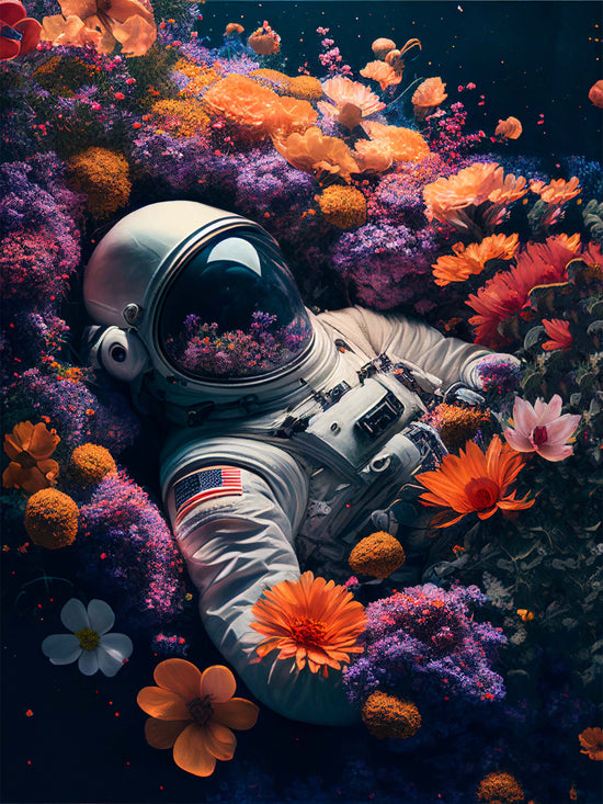 Tableau, astronaute, poétique, fleurs, contraste, originalité, personnalisation, décoration.