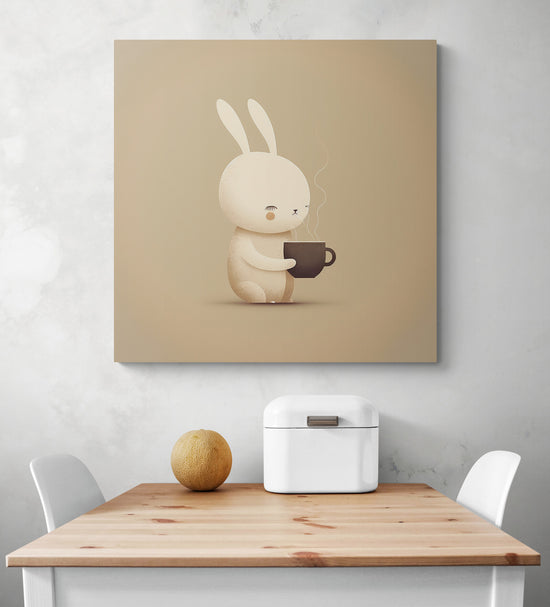 Déco cuisine faite avec un grand tableau d'un mignon lapin qui apprécie l'odeur du chocolat chaud émanant de sa tasse. Les couleurs pastelles et taupe sont présentes pour adoucir la scène et inspiré calme et sérénité. Le marron vient rappeler le chocolat, son goût et sa chaleur par la même occasion.