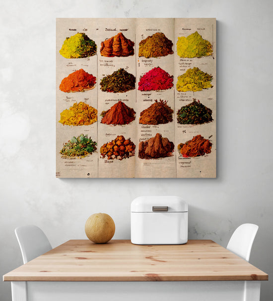 Tableau cuisine vintage, petits tas d'épices colorées disposés en colonnes, et chaque épice est accompagnée d'un petit texte écrit en caractères indiens