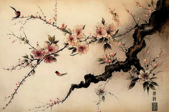 Tableau japonais estampe de cerisier rose 