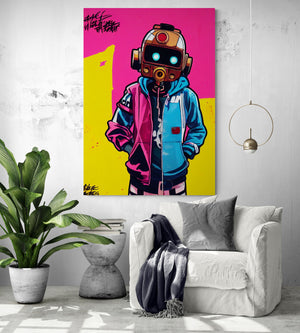 un tableau street art grand format au centre d'un salon avec des nuances de blanc et de gris