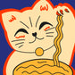 Une illustration en dessin à plat d'un chat Maneki-neko beige contour orange sur fond bleue. Il tient dans ça patte droite des nouilles chinoise. Le chat sourit 