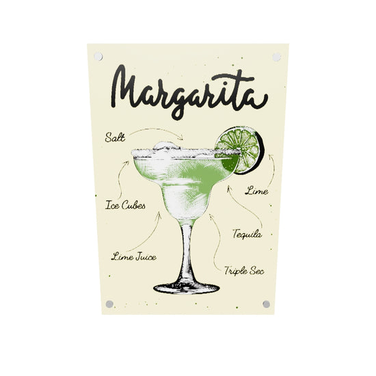 Un tableau cuisine tendance avec Une illustration sobre et élégante d’un verre de cocktail Margarira avec la liste des ingrédients nécessaires à sa réalisation écrit en police d'écriture manuscrite sur un fond jaune.