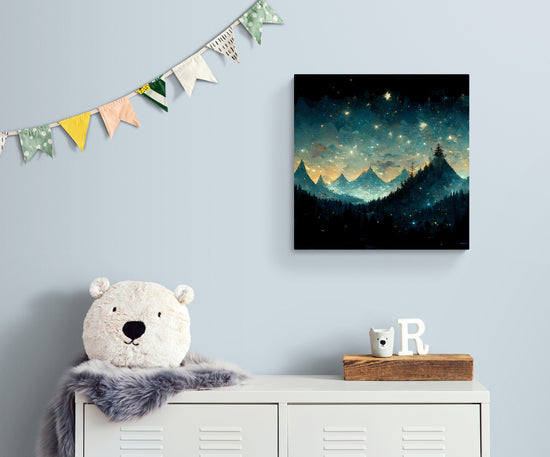 Tableau de décoration représentant un ciel etoiler dans la nuit, accroché dans une chambre d'enfant