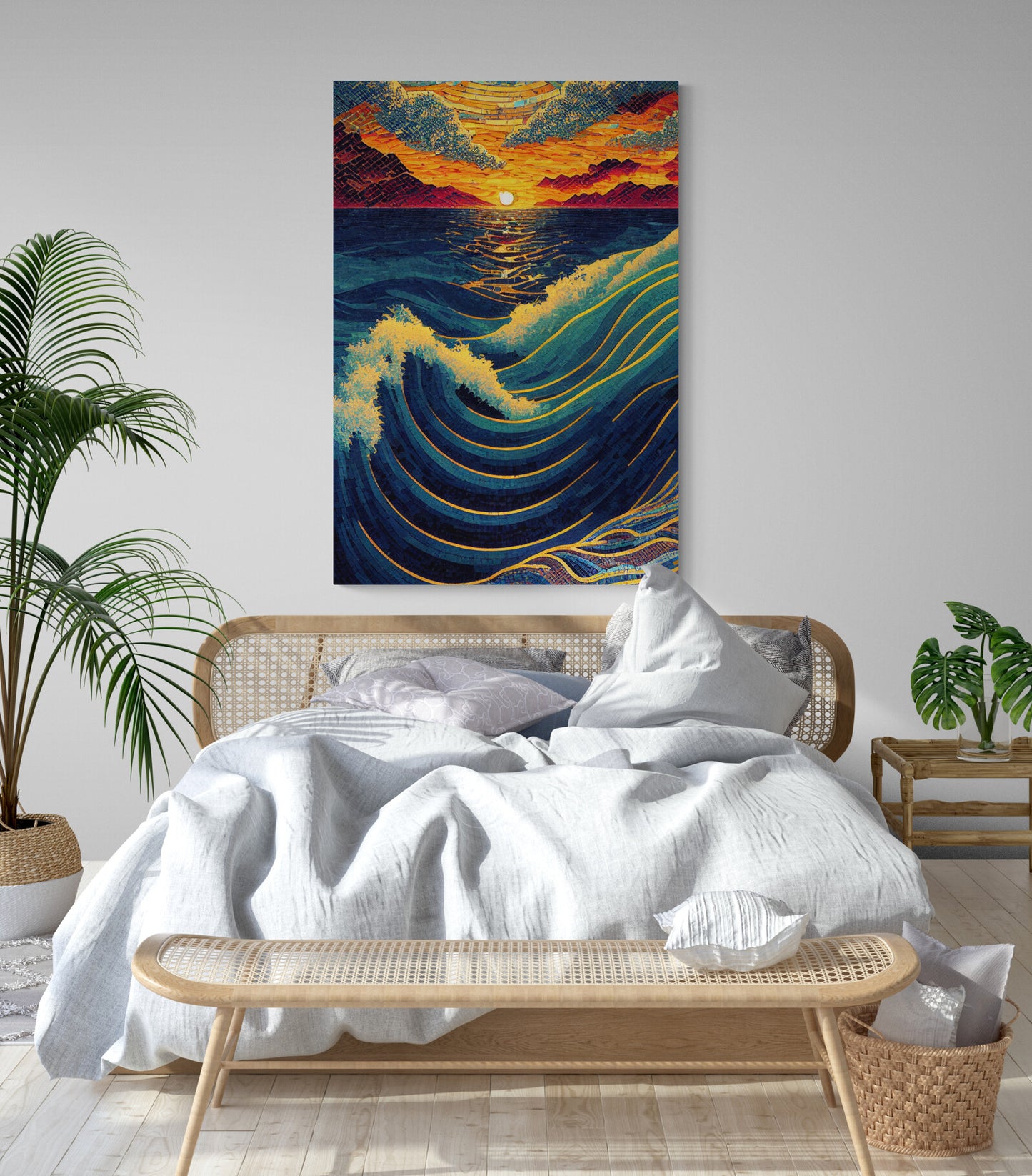 Tableau coloré des vagues de la mer en mouvement devant un couché du soleil