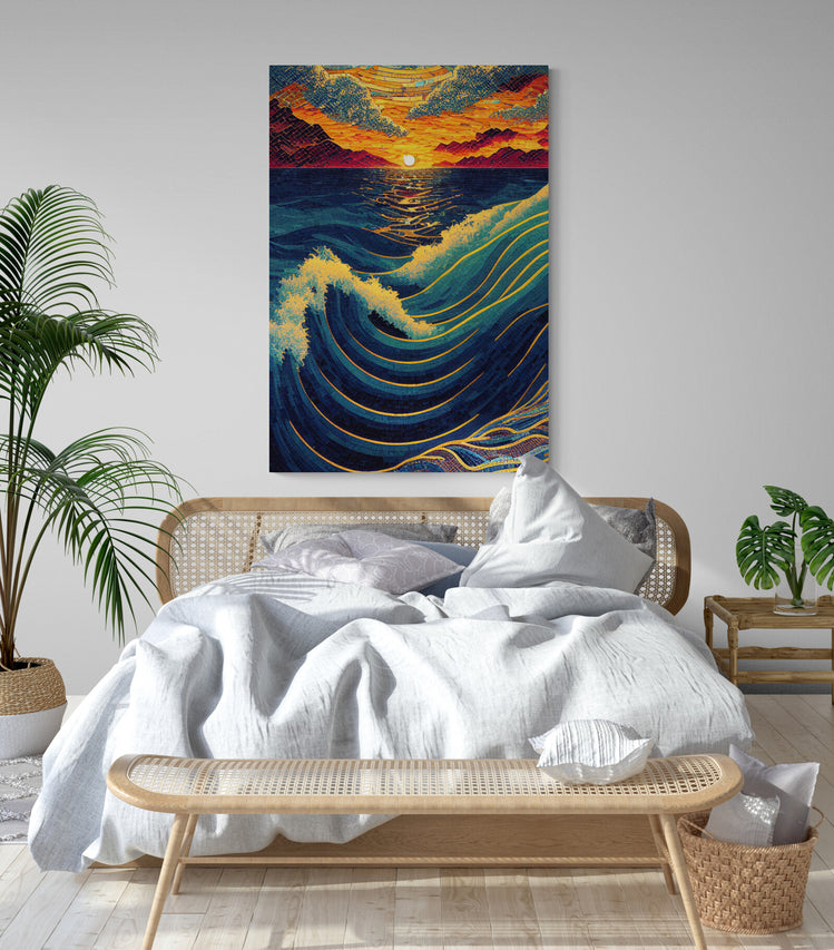 Tableau coloré des vagues de la mer en mouvement devant un couché du soleil