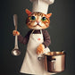 Un tableau mignon de face et de plein pieds d’un chat rayé noir et gris. Il a de grands yeux verts et il est vêtu d’un déguisement et d’une toque de cuisinier. Sur ce tableau original le chat,  il lève sa main gauche, il tient une louche en métal et sur sa main gauche une casserole.