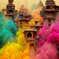 Tableau de décoration de Holi, une fête indienne. Une ville d'Inde s'anime sous un nuage de pigments aux couleurs vives, de poussières et de fumée, créant un décor féerique digne d'un conte de fées. Ici trois couleurs principales sont à l'honneur, le jaune, le rose et le bleu turquoise