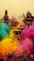 Tableau de décoration de Holi, une fête indienne. Une ville d'Inde s'anime sous un nuage de pigments aux couleurs vives, de poussières et de fumée, créant un décor féerique digne d'un conte de fées. Ici trois couleurs principales sont à l'honneur, le jaune, le rose et le bleu turquoise