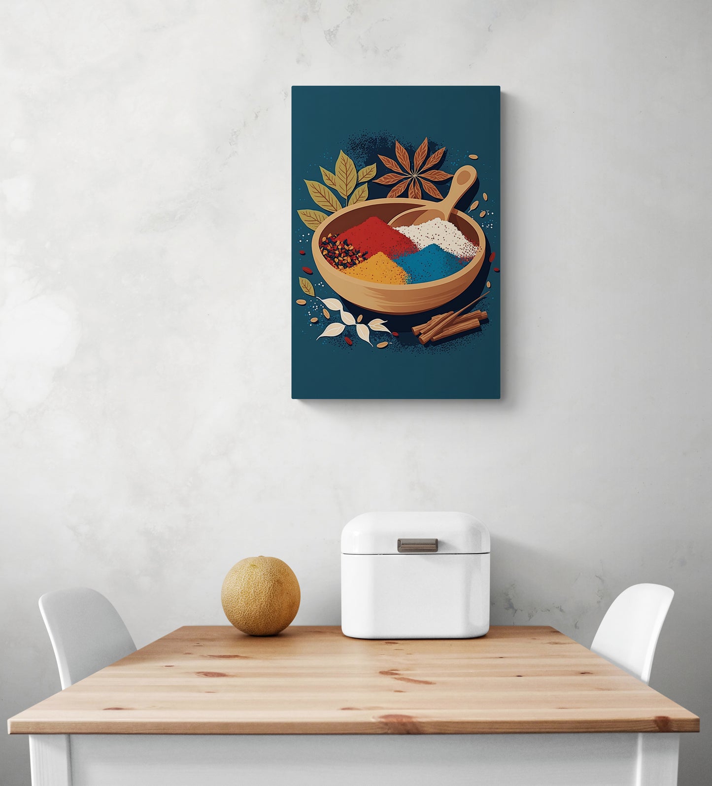 idee deco tableau bleu canard pour cuisine avec une illustration d'un bol rempli d'épices est accroché au-dessus d'une table en bois blanc