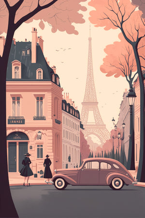 Un tableau vintage rose et gris avec une illustration en 2D d'une ruelle parisienne et des bâtiments. On aperçoit au fond de la rue la tour Eiffel. Deux silhouettes féminines traversent la rue devant une voiture.