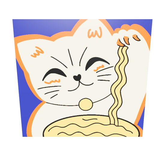 Tableau plexiglass d'un chat maneki neko en dessin 2D dur fond bleue. Il tient dans ça patte droite des nouilles chinoise. Le chat sourit